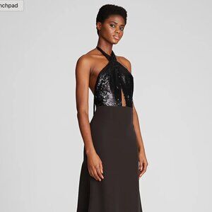 Halston Lacey Black Gown Black crepe Criss-Cross Sequin Bodice Backless Sz 12